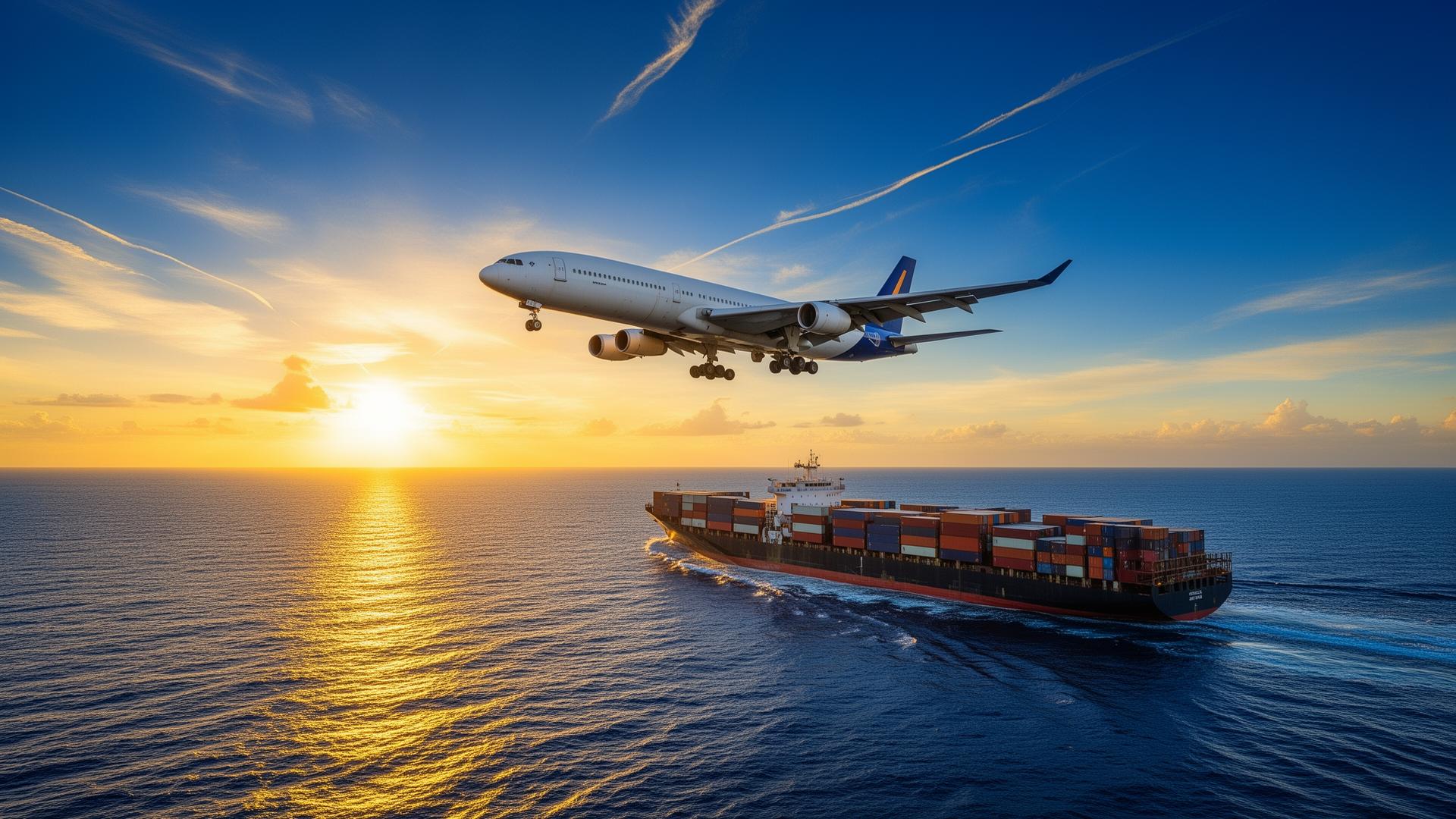 Avion cargo et porte-conteneurs au coucher du soleil